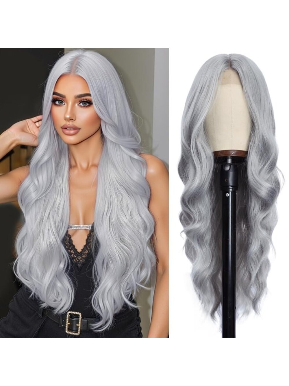 26 Inch Women's Grey Long Wavy Curly Hair Wig Halloween Cosplay